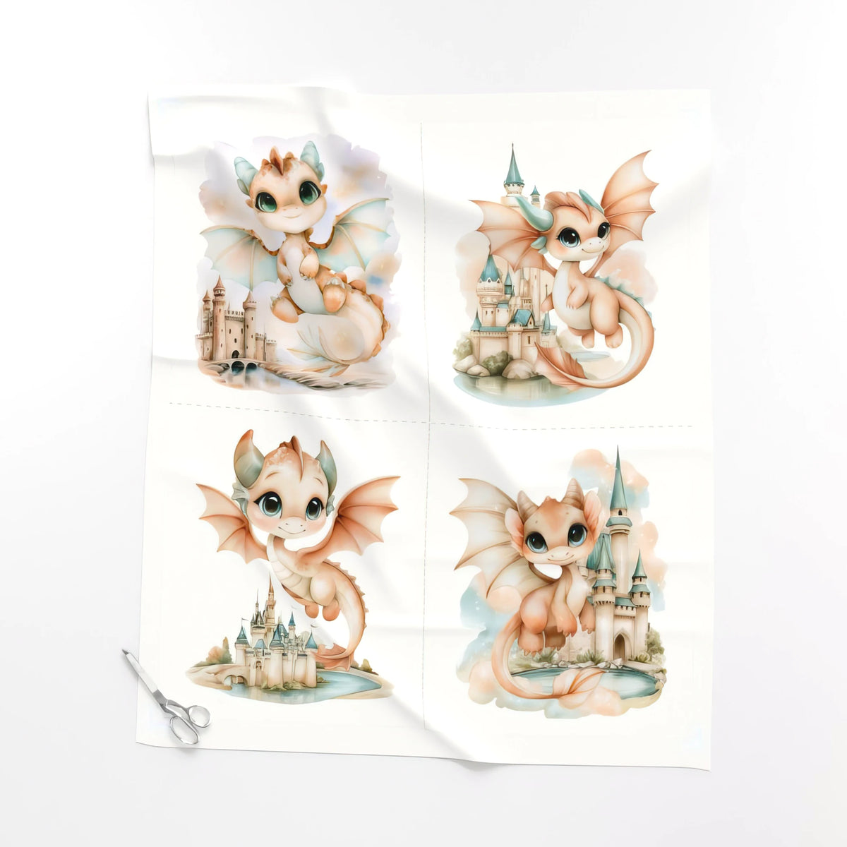 Four Dragon Blocks baby dragon quilt panel laid flat