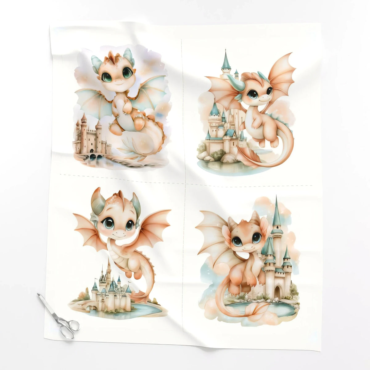 Baby dragon quilt panel, Four Dragon Blocks white design, laid flat