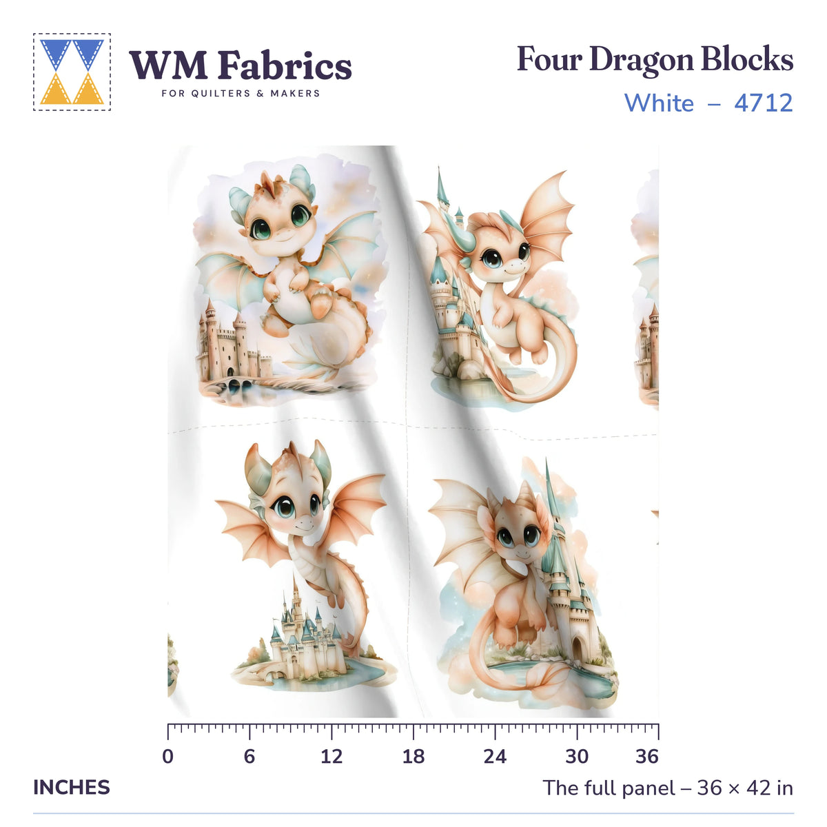 Four Dragon Blocks, White panel shown full size, 36 x 42 inches, with a ruler for true scale