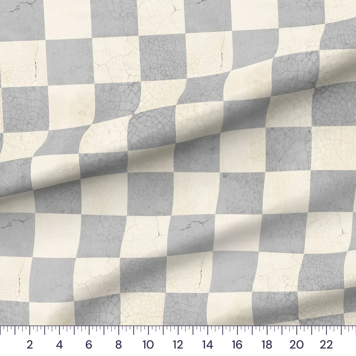 Concrete Checker 3 inch distressed checkerboard quilting cotton close-up with a ruler showing true scale