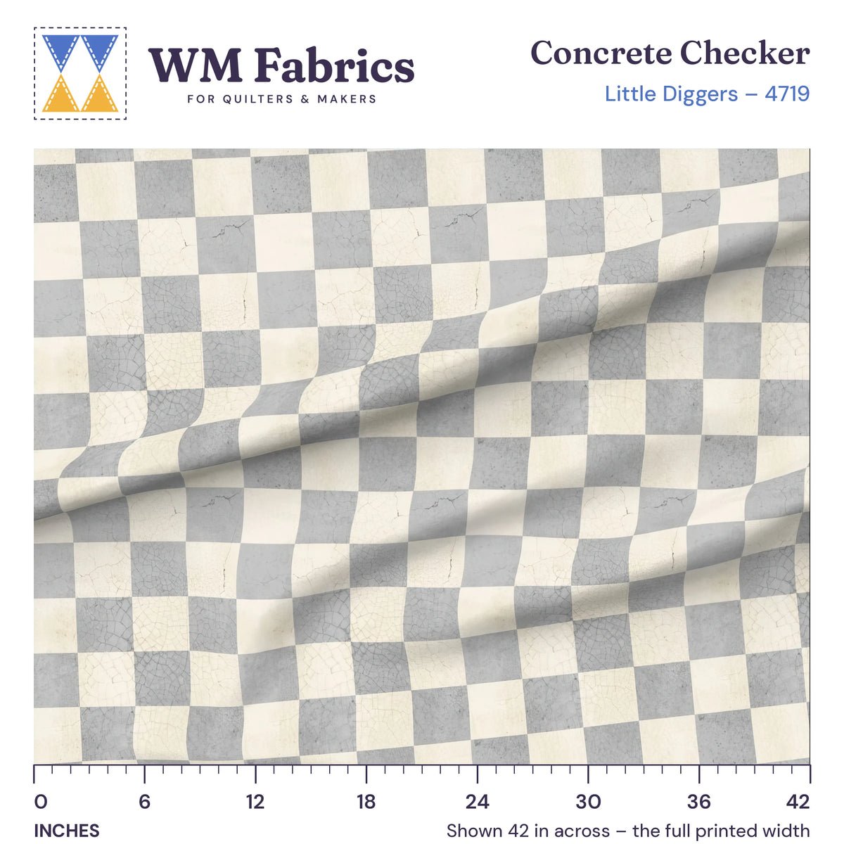 Concrete Checker fabric shown 42 inches across with a ruler for true print scale