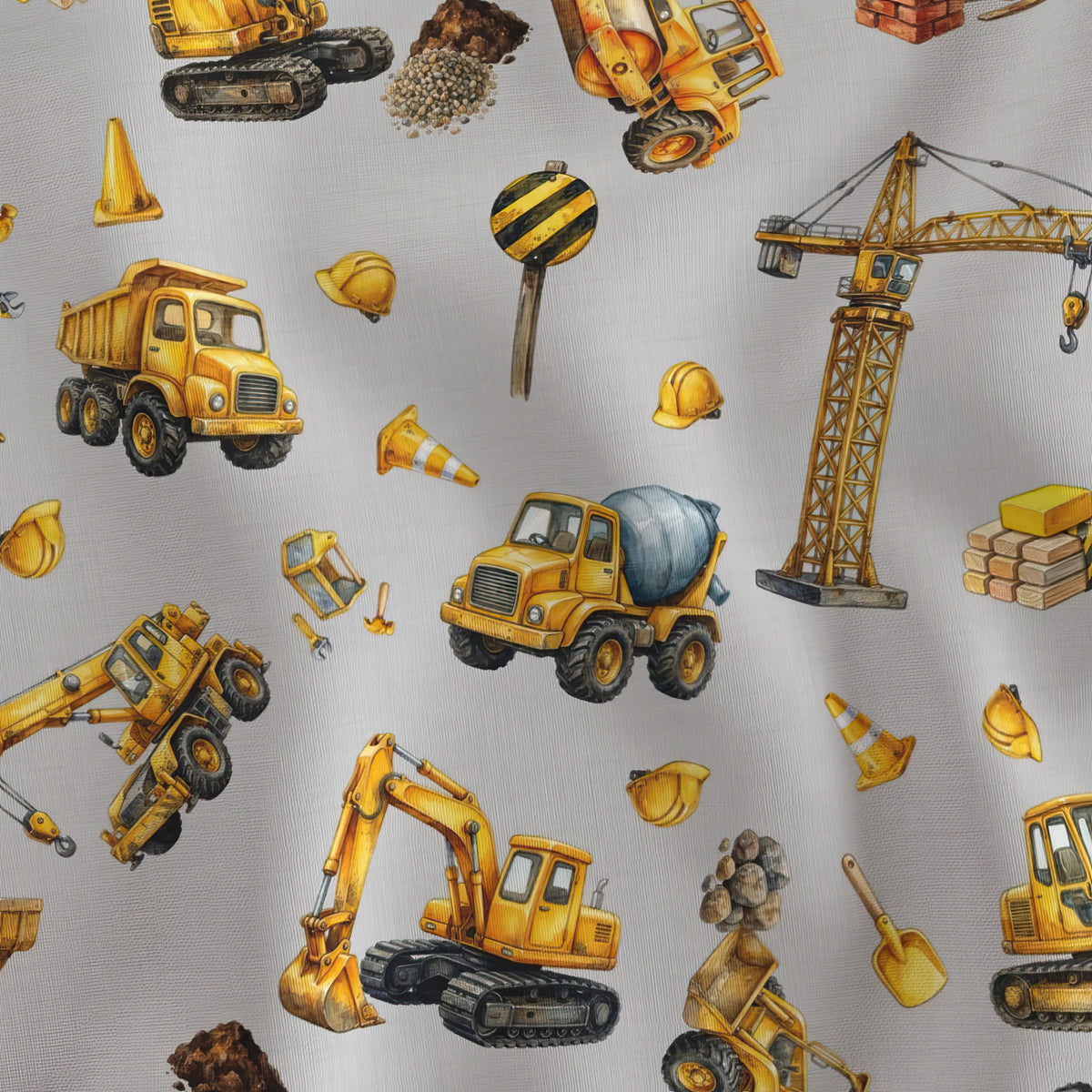 Little Diggers Toss construction truck quilting cotton draped to show the soft hand