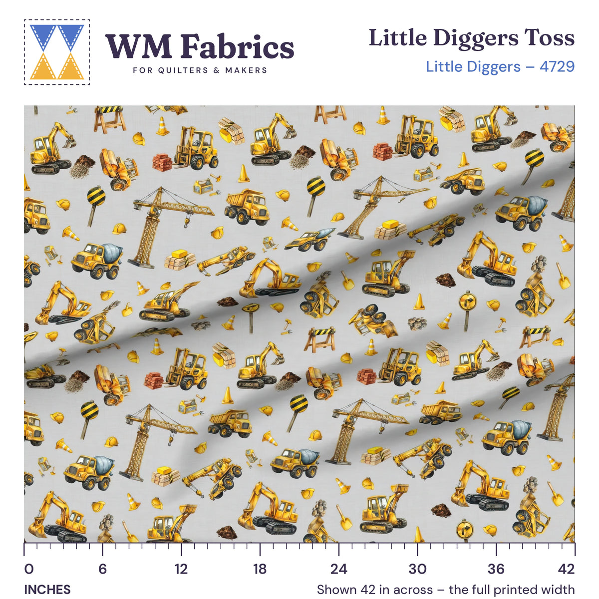 Little Diggers Toss fabric shown 42 inches across with a ruler for true print scale