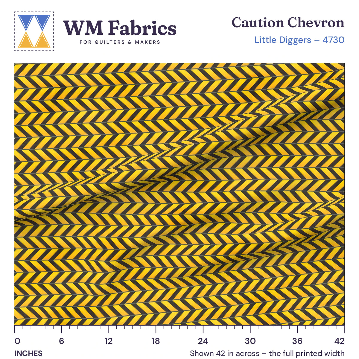 Caution Chevron fabric shown 42 inches across with a ruler for true print scale