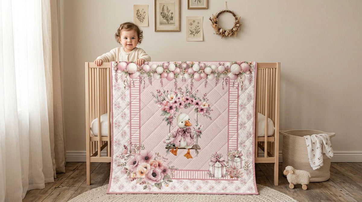 Baby girl in a crib with a finished Silly Goose Rosy quilt in a cottage-style nursery