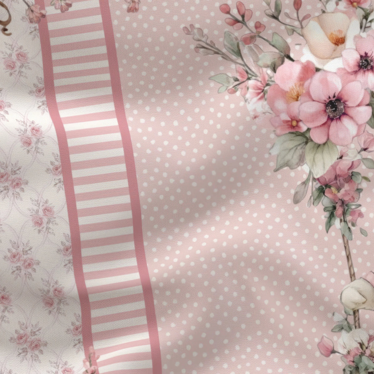 Draped close-up of the Silly Goose Rosy panel showing the pink stripe border, polka dots and watercolor flowers