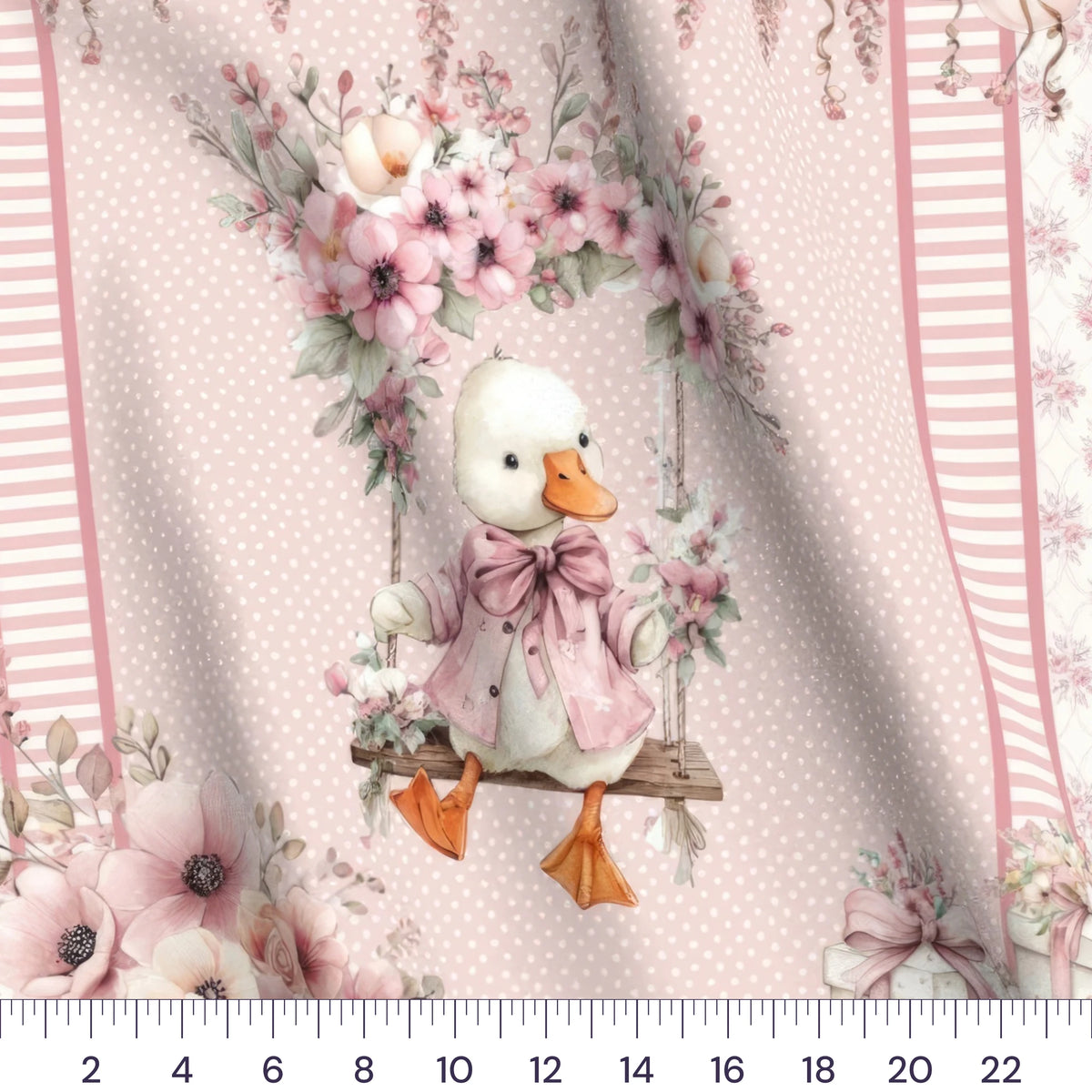 Close-up of the Silly Goose Rosy panel goose on a flower swing with a ruler showing true scale