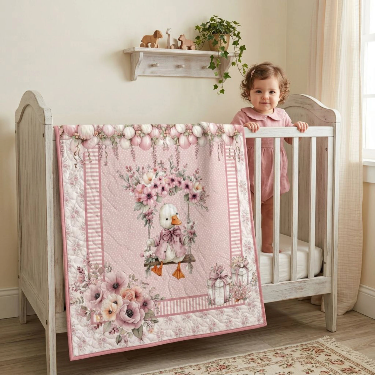 Baby standing in a crib with a finished Silly Goose Rosy quilt draped over the rail