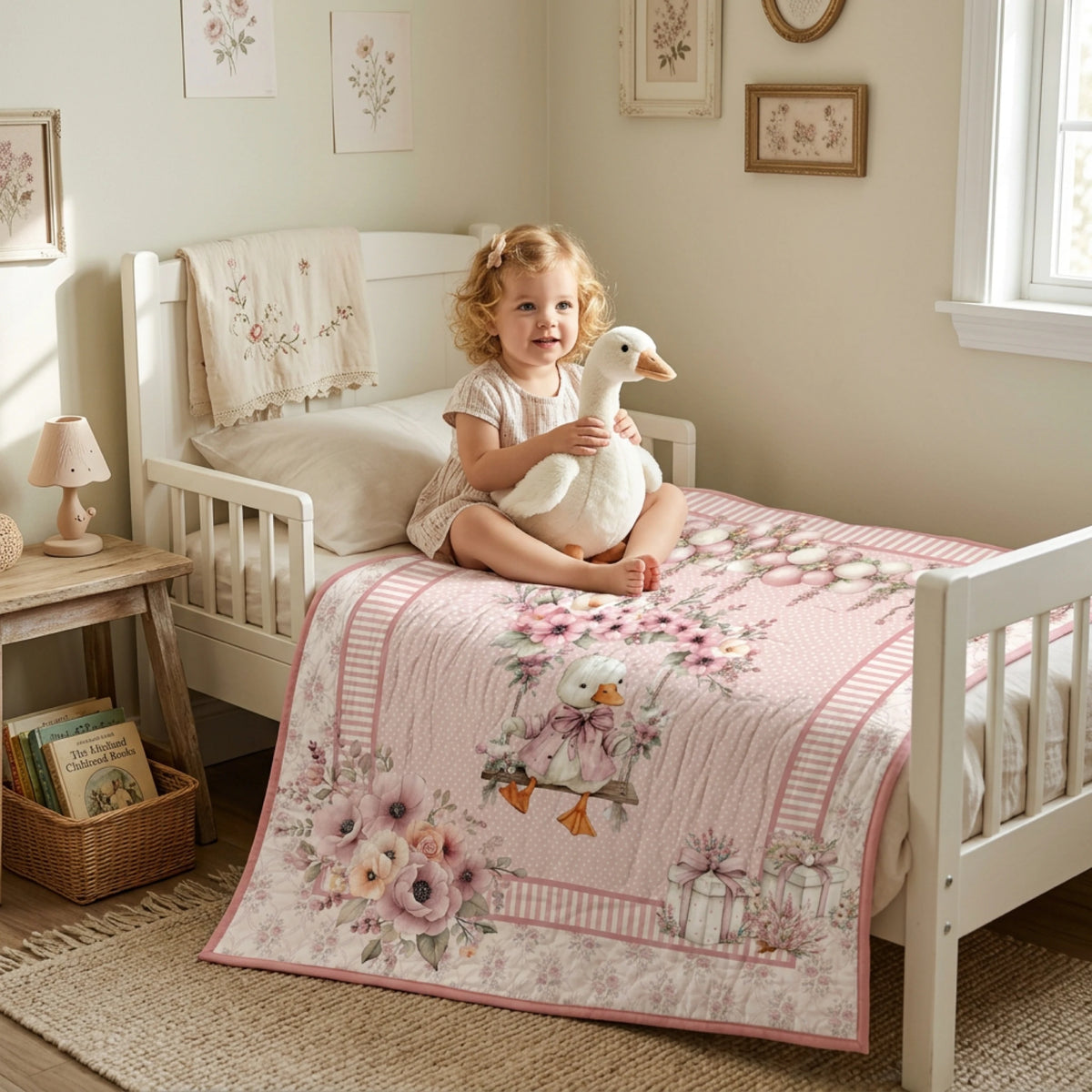 Toddler girl hugging a toy goose on a bed with a finished Silly Goose Rosy quilt