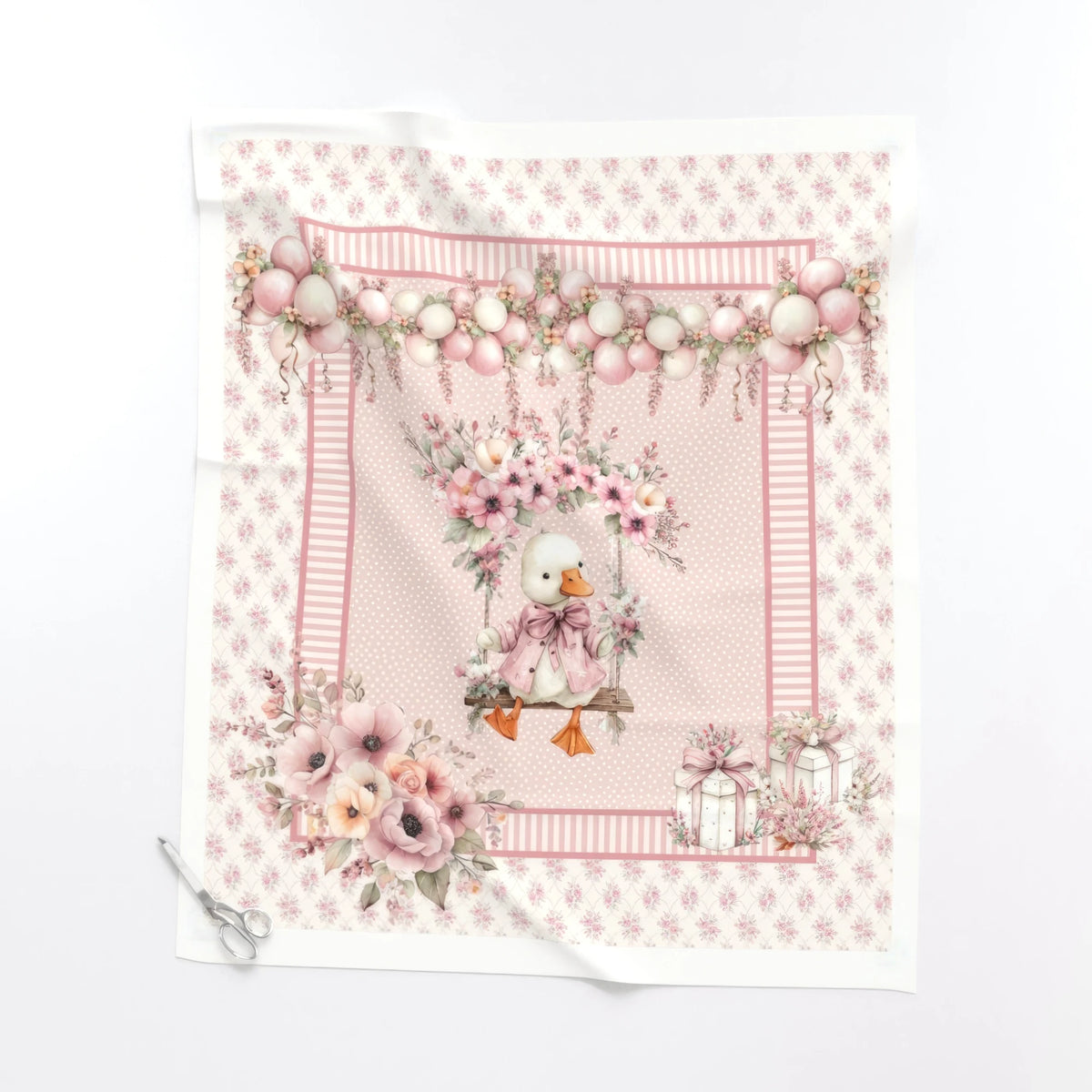 Silly Goose Rosy baby quilt panel laid flat – a 36 x 42 inch no-piecing quilt top
