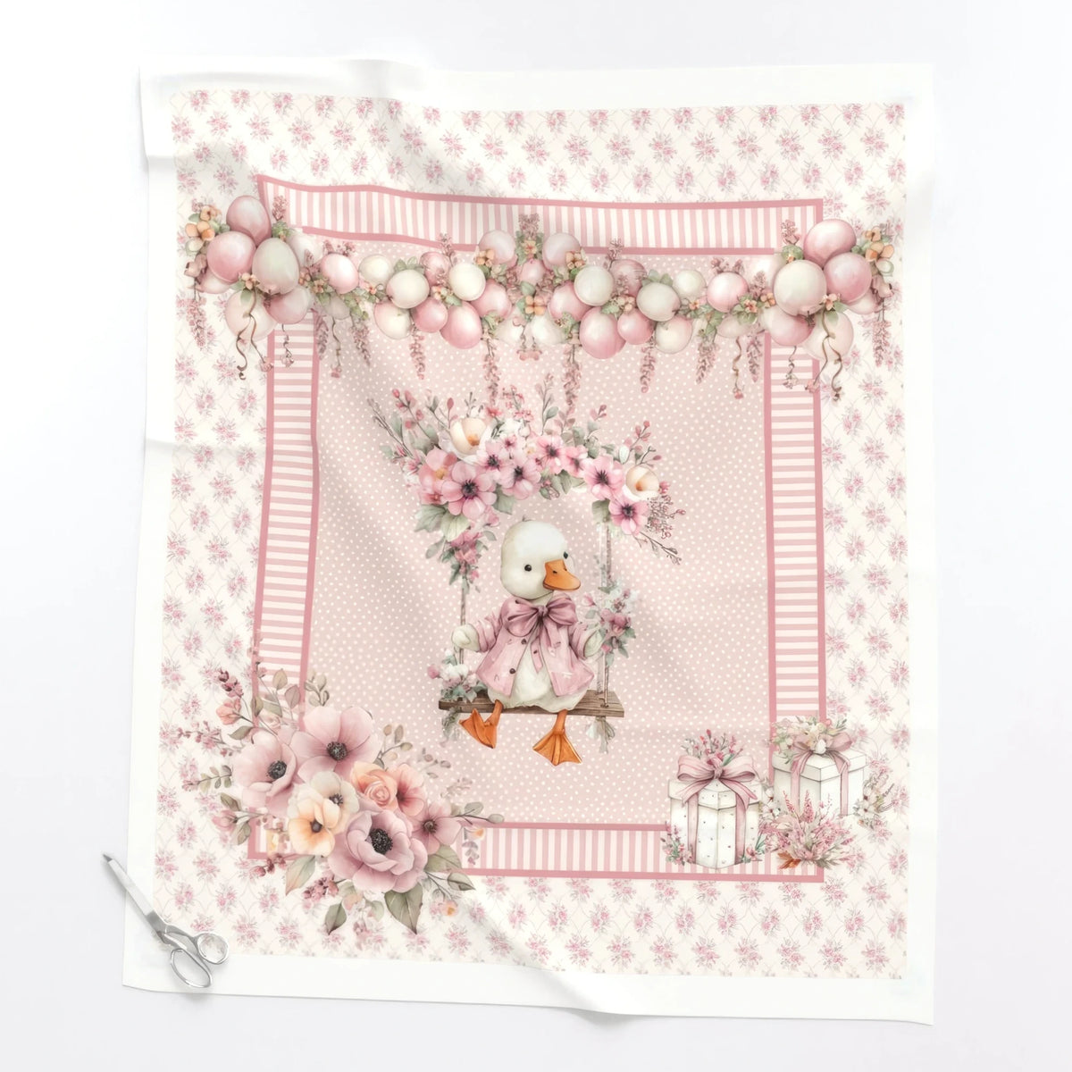 Silly Goose Rosy baby quilt panel laid flat – full 36 x 42 in panel