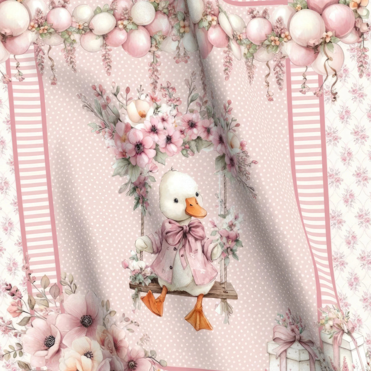 Silly Goose Rosy baby quilt panel close-up – no-piecing cheater quilt top