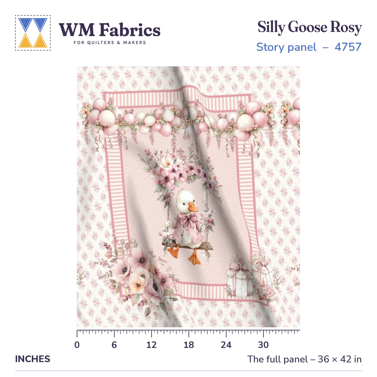 Silly Goose Rosy baby quilt panel shown full size, 36 x 42 inches, with a ruler for true scale