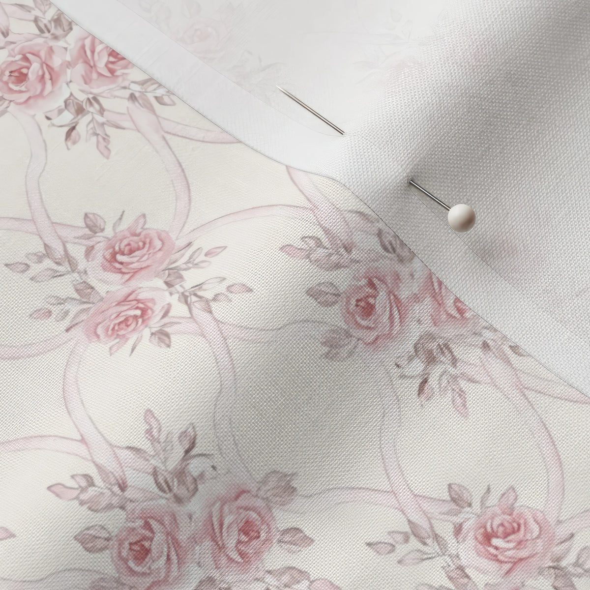 Pinned close-up of Rosy Lattice fabric showing the white selvage margin