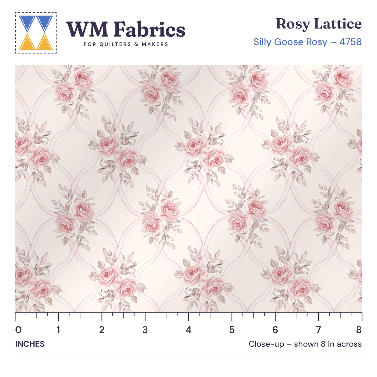 8 inch close-up of Rosy Lattice quilting cotton with an inch ruler showing the true size of the print