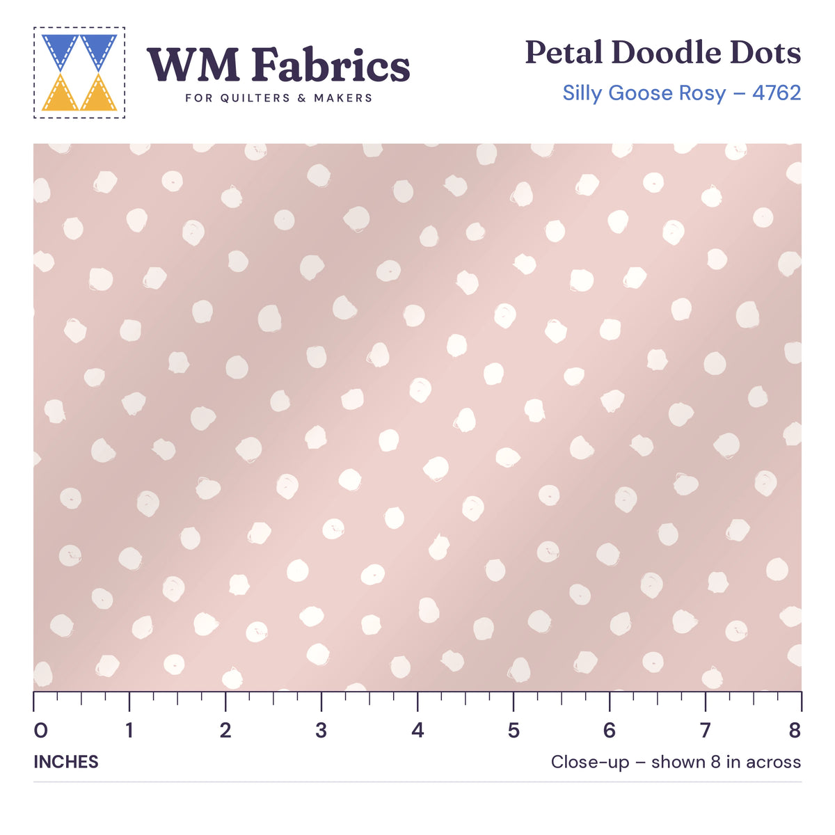 8 inch close-up of Petal Doodle Dots quilting cotton with an inch ruler showing the true size of the dots