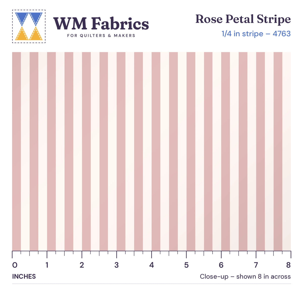 8 inch close-up of Rose Petal 1/4 inch stripe quilting cotton with an inch ruler showing the stripe width