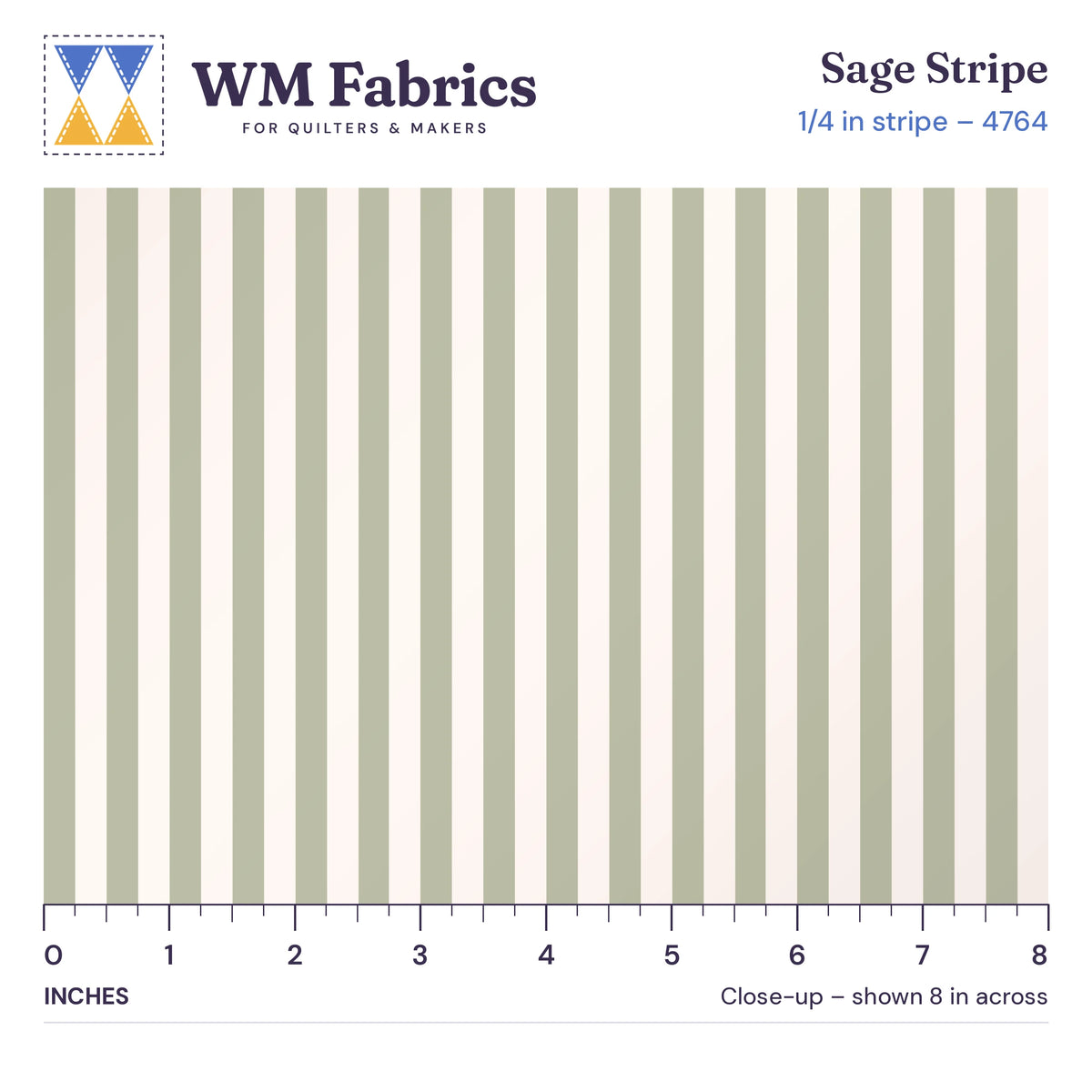 8 inch close-up of Sage 1/4 inch stripe quilting cotton with an inch ruler showing the stripe width