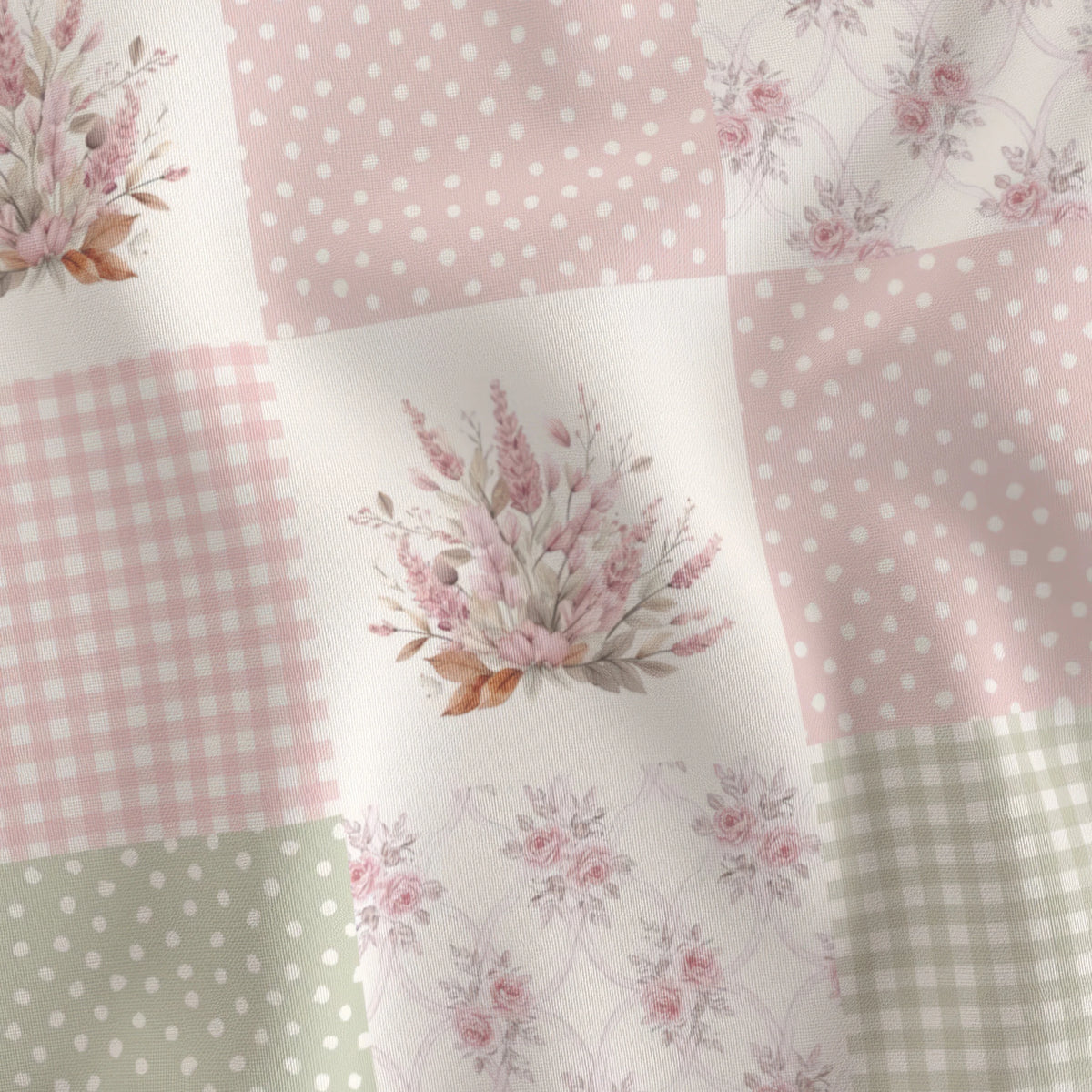 Rosy Patchwork faux patchwork quilting cotton draped to show the soft hand