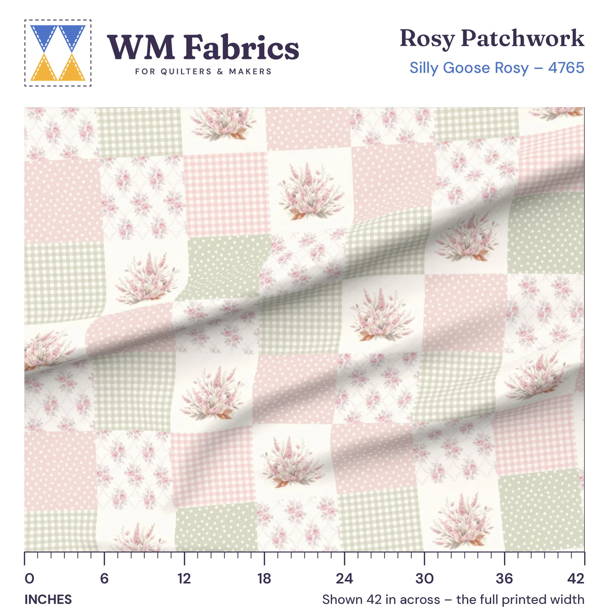 Rosy Patchwork fabric shown 42 inches across with a ruler for true print scale