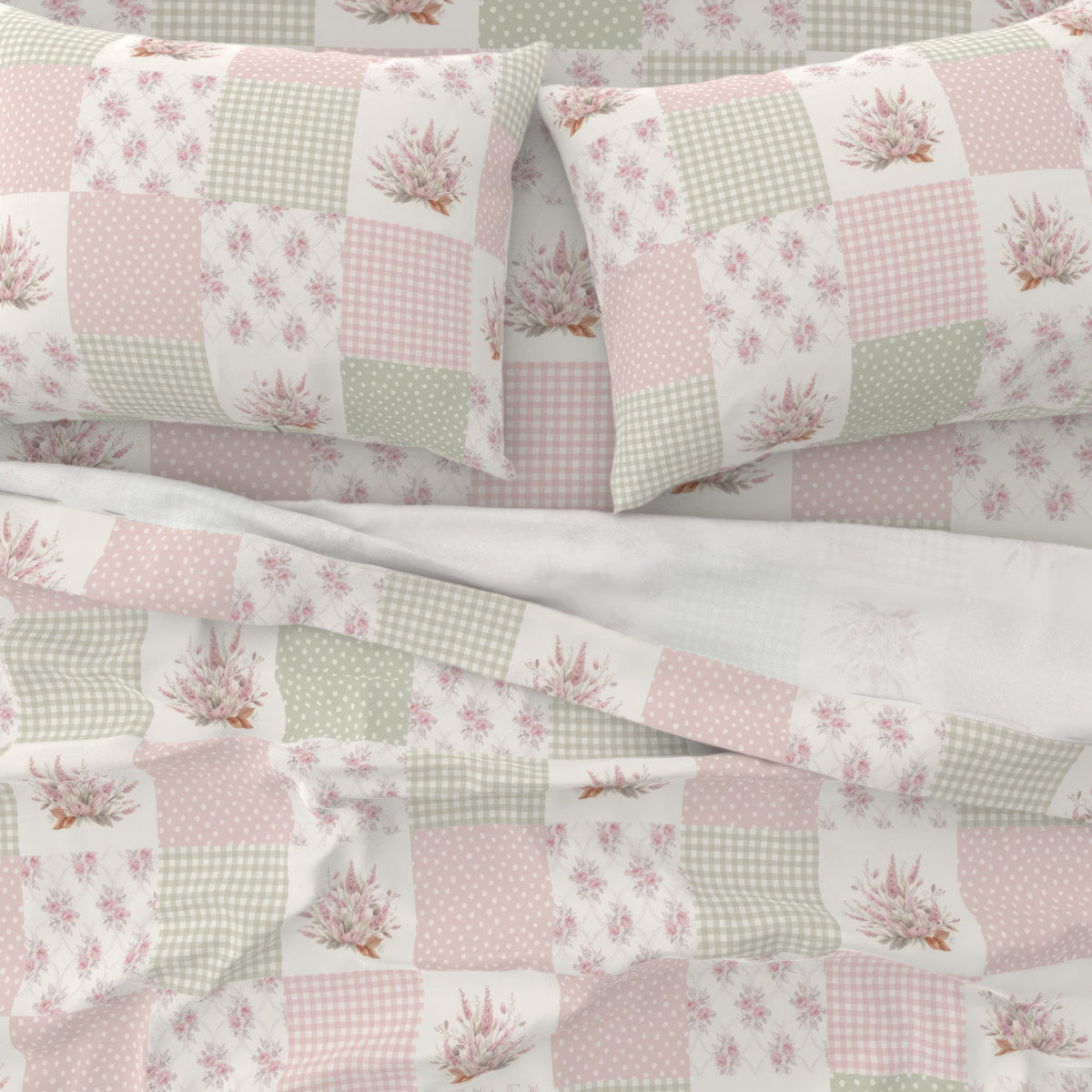 Rosy Patchwork cheater quilt fabric sewn into baby bedding