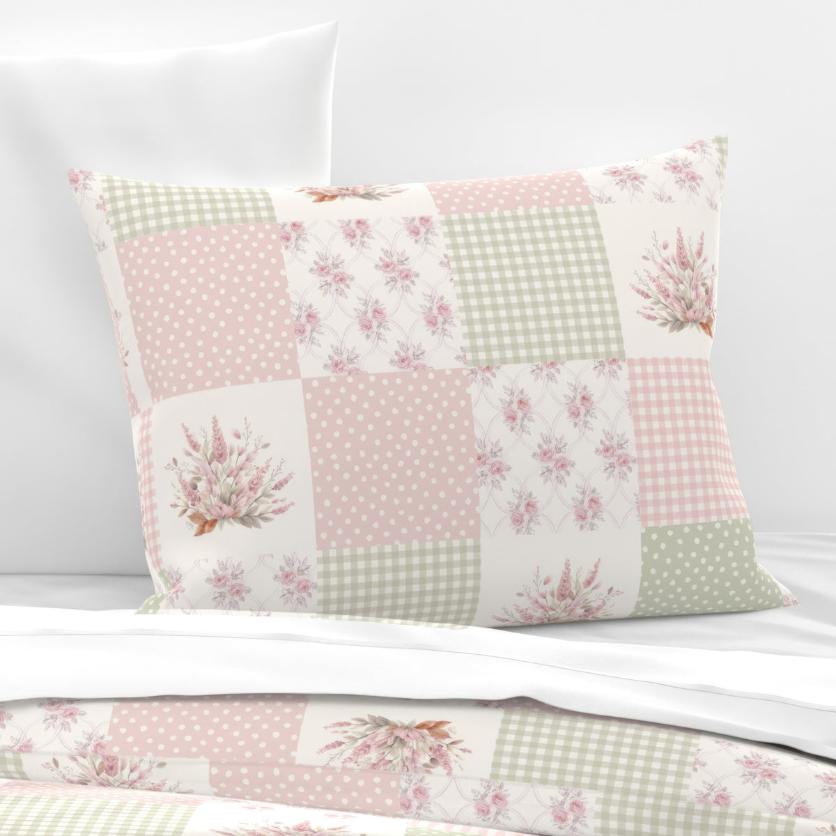 Rosy Patchwork faux patchwork baby bedding in blush and sage