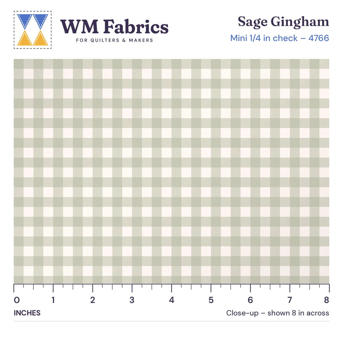 8 inch close-up of Sage Mini Gingham quilting cotton with an inch ruler showing the 1/4 inch checks