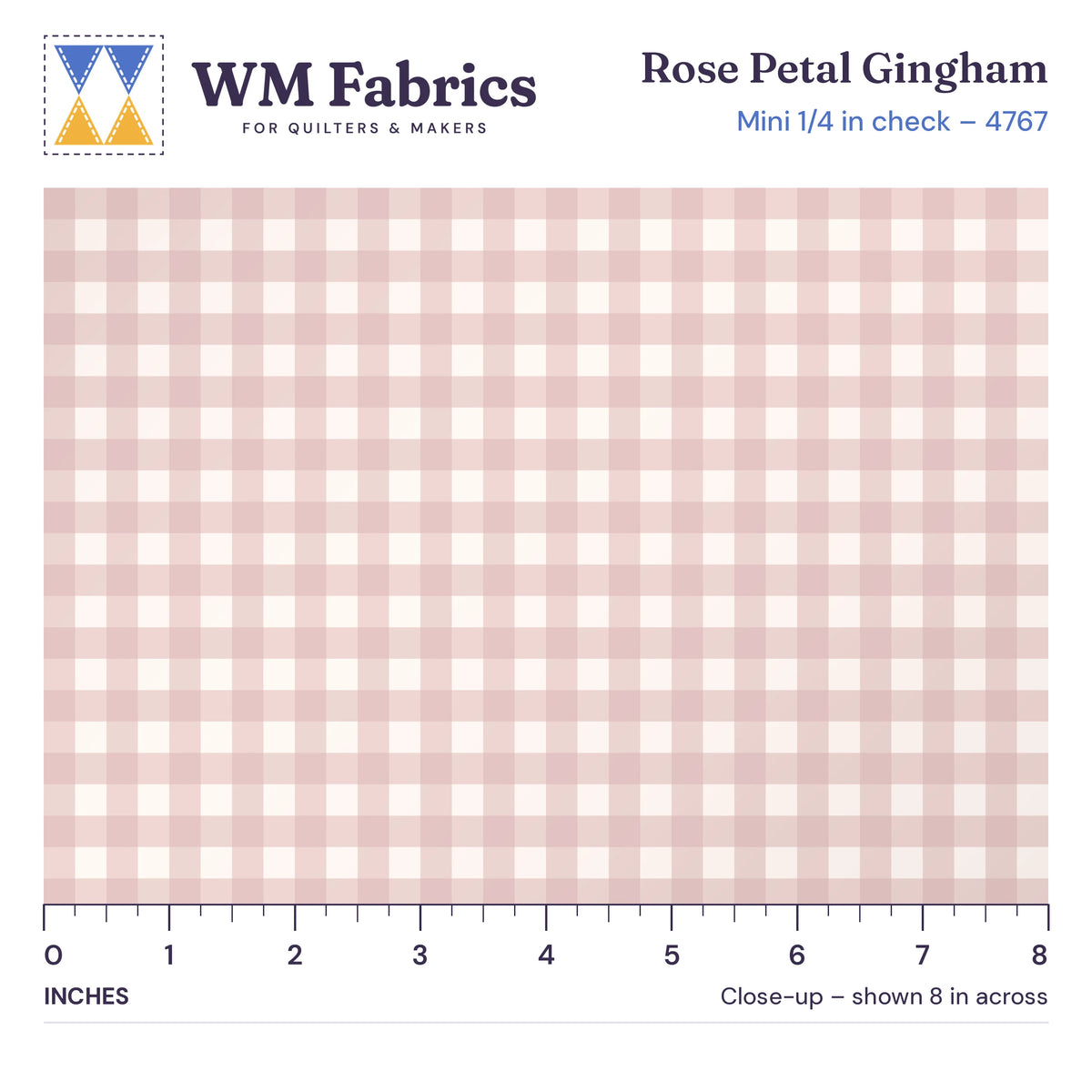8 inch close-up of Rose Petal Mini Gingham quilting cotton with an inch ruler showing the 1/4 inch checks