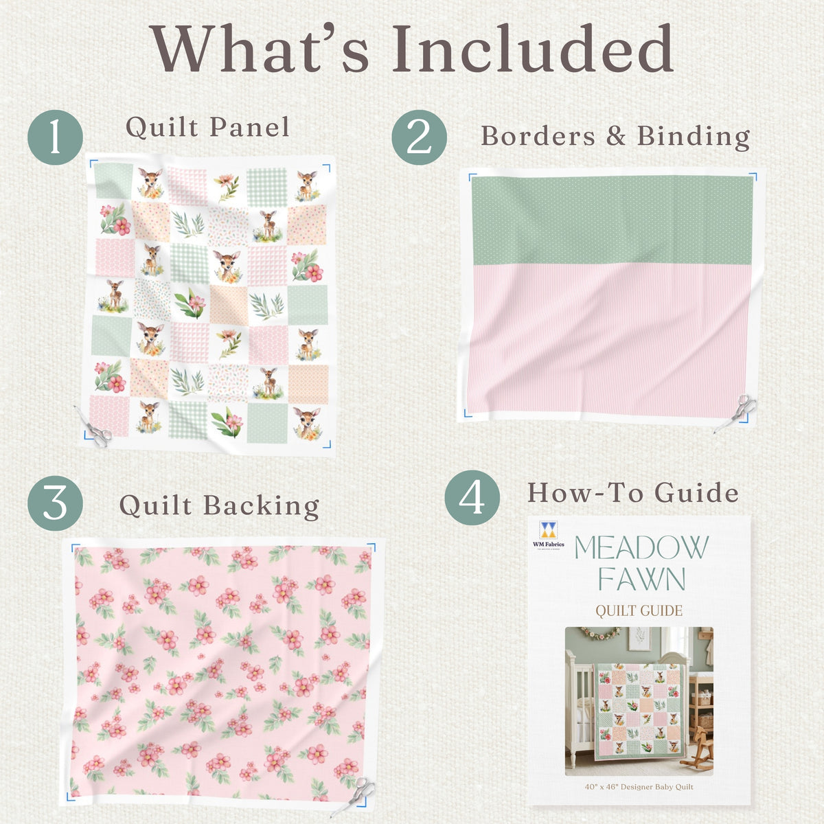 What's included in the Meadow Fawn baby quilt kit: quilt panel, borders and binding, quilt backing and how-to quilt guide