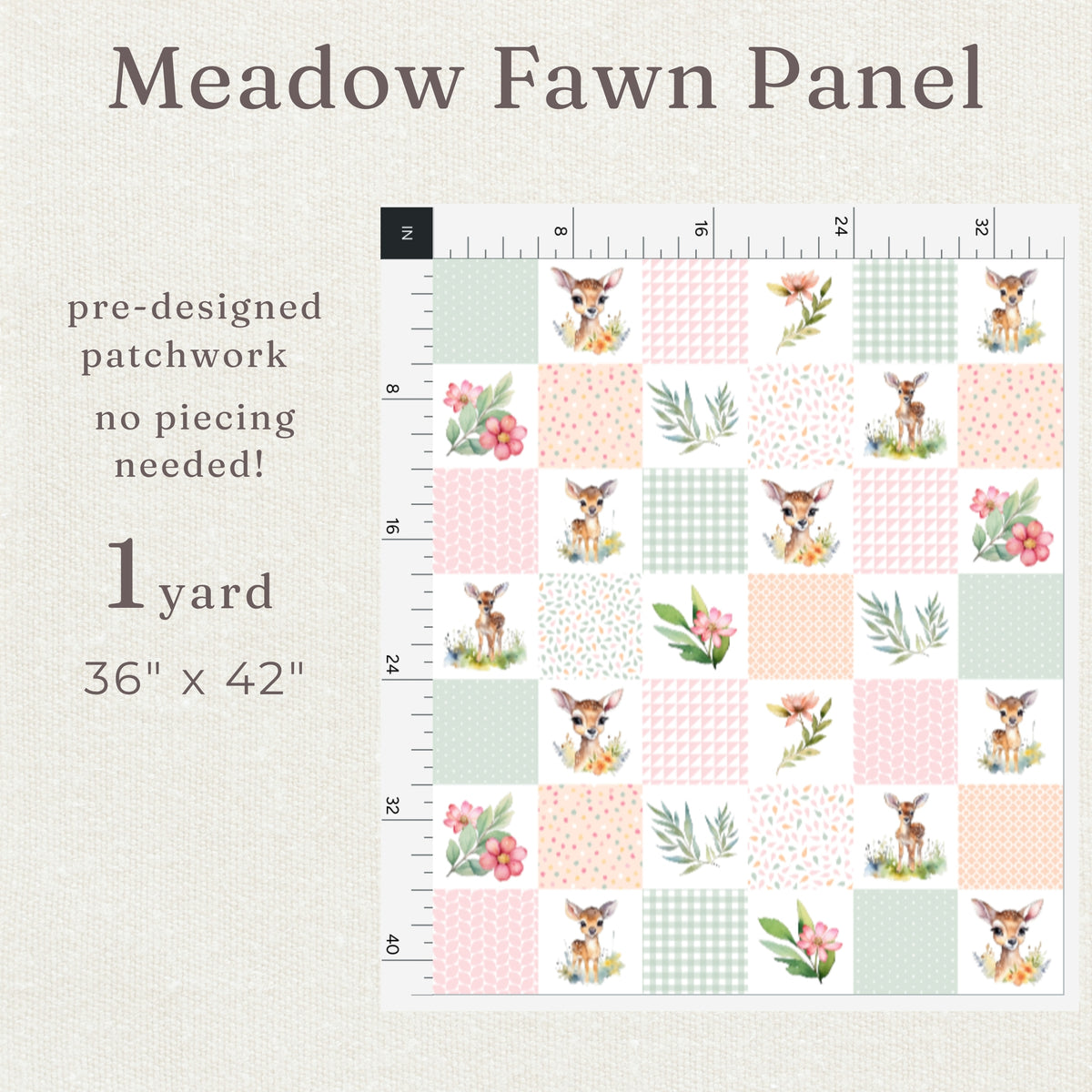 Meadow Fawn quilt panel, 1 yard, 36 x 42 inches, pre-designed watercolor fawn patchwork with no piecing needed