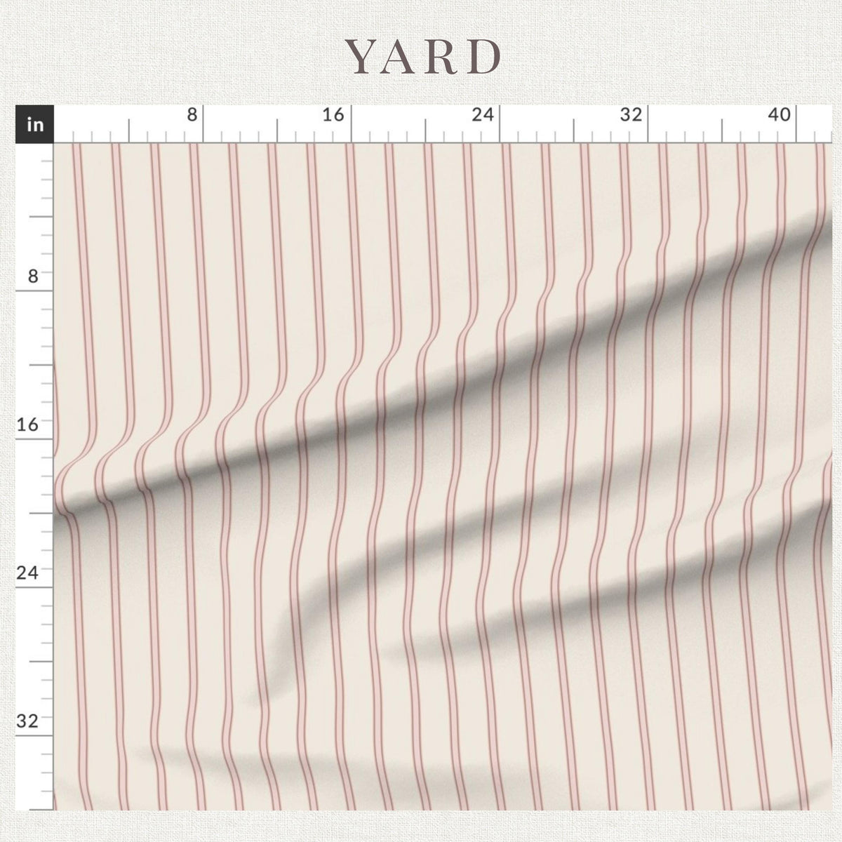 Blush & Cream heritage stripe fabric beside a ruler showing the print scale
