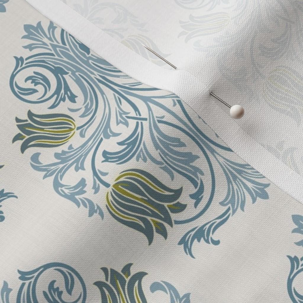 Blue & Green Tulip damask fabric showing the blue and green tulip damask print on cotton quilting fabric