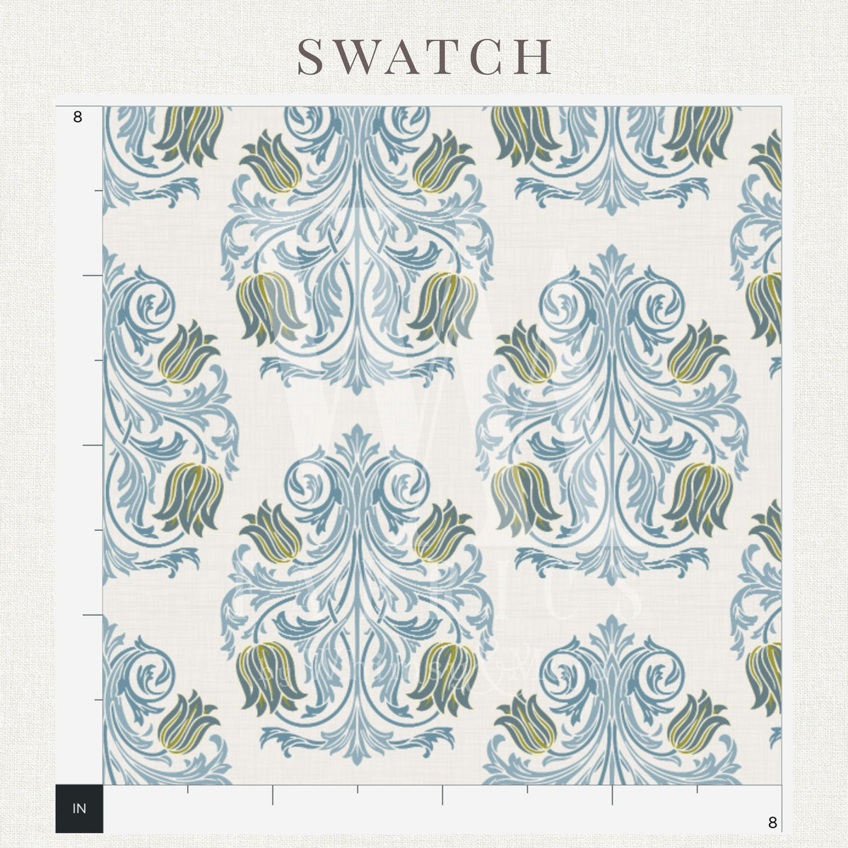Printed blue and green tulip damask pattern on blue & green tulip damask fabric