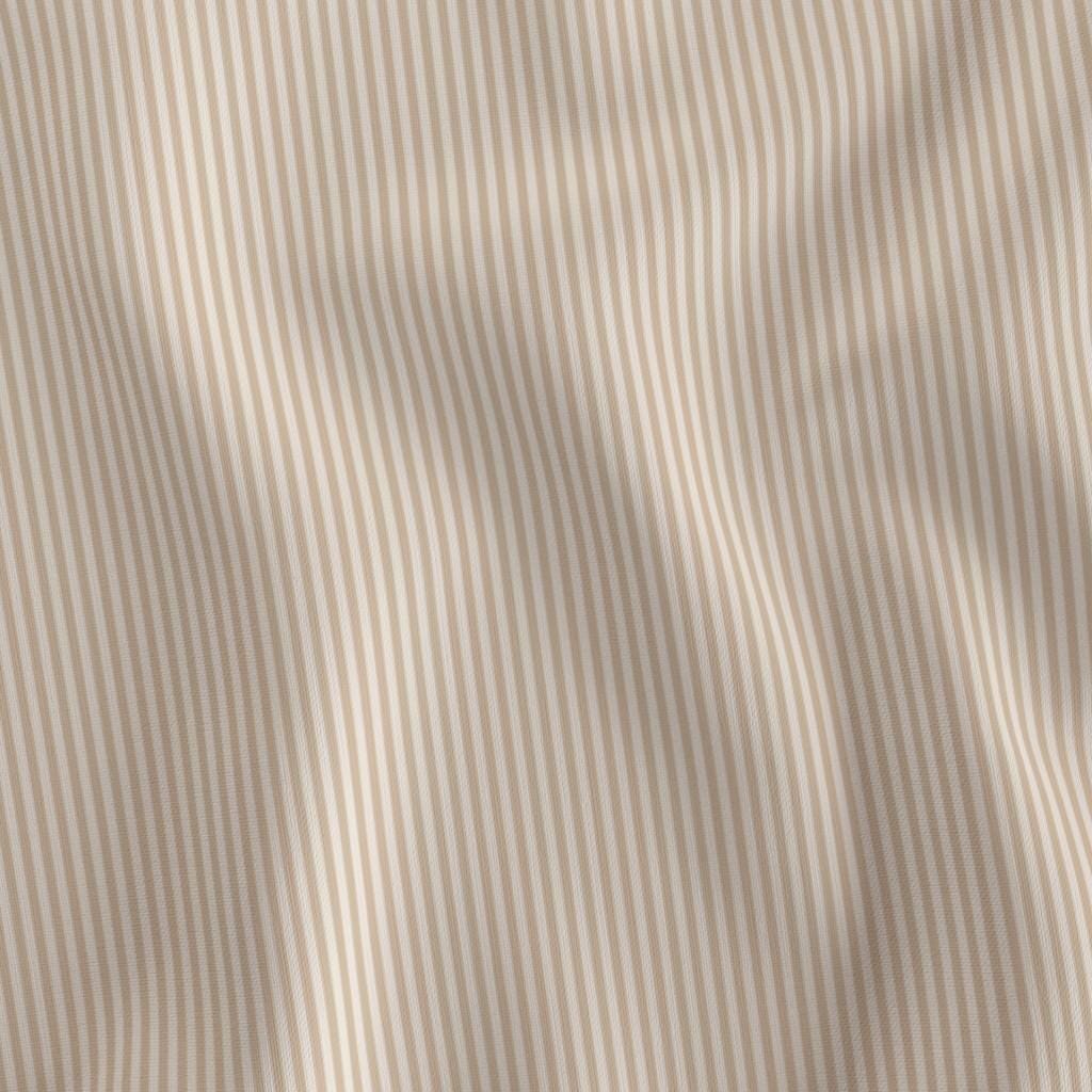 Warm Beige 1/8 inch candy stripe fabric draped to show the soft hand and fine warm beige and cream stripe