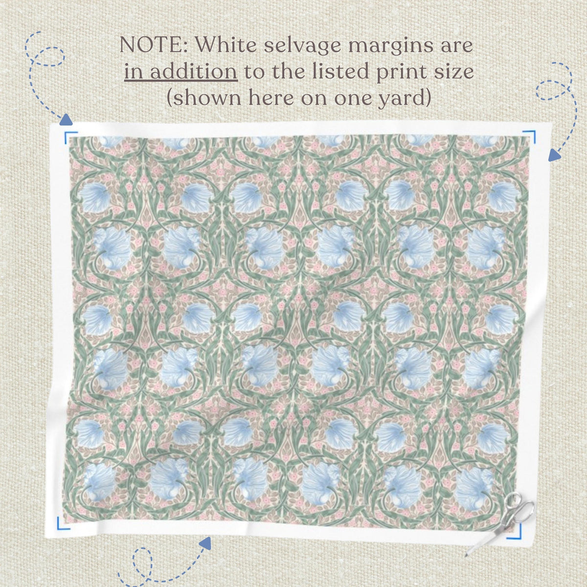 Blue, sage and beige William Morris Pimpernel quilting fabric print