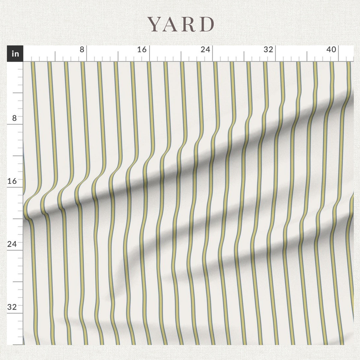 Green & Blue heritage stripe fabric beside a ruler showing the print scale