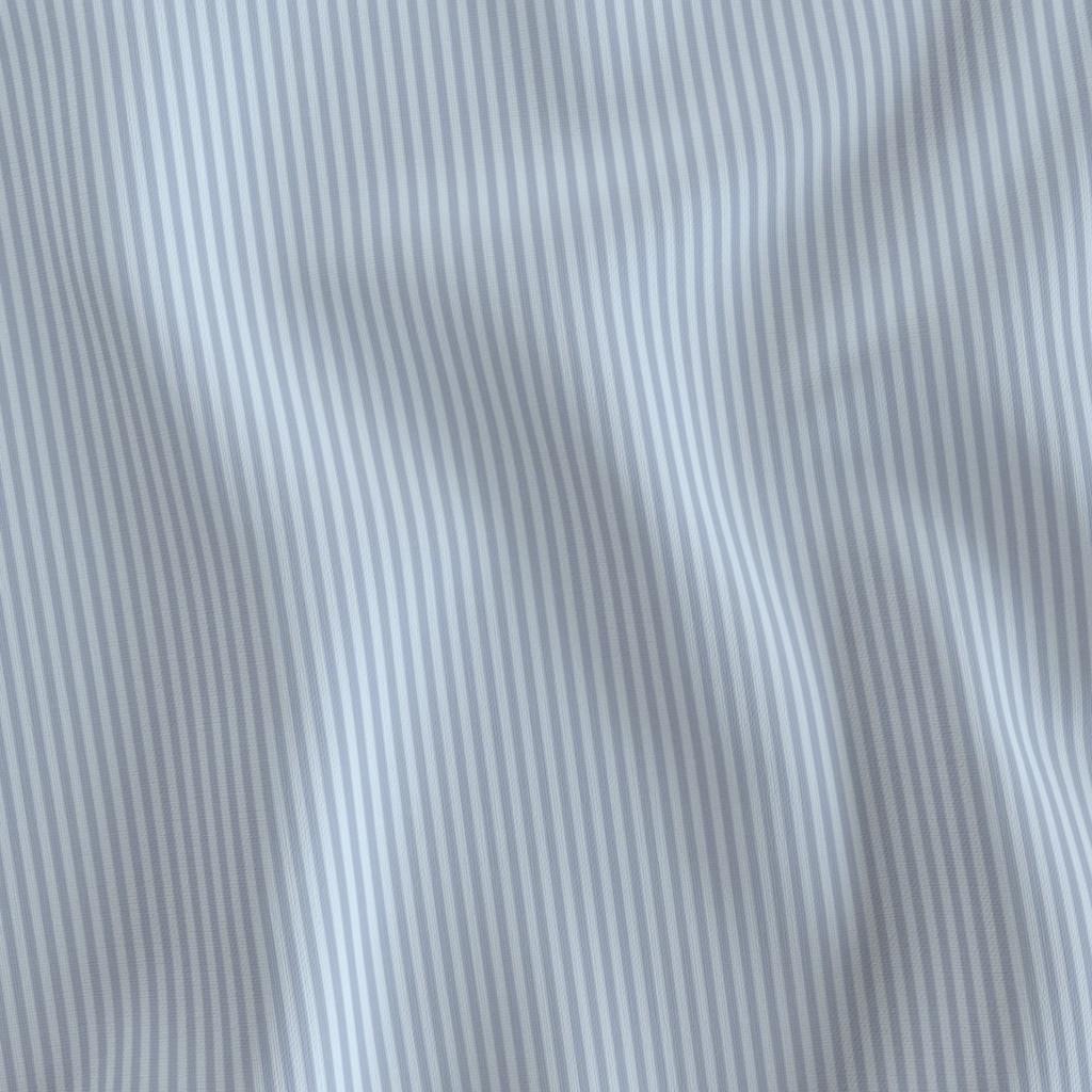 Dusty Blue 1/8 inch candy stripe fabric draped to show the soft hand and fine soft dusty blue and white stripe