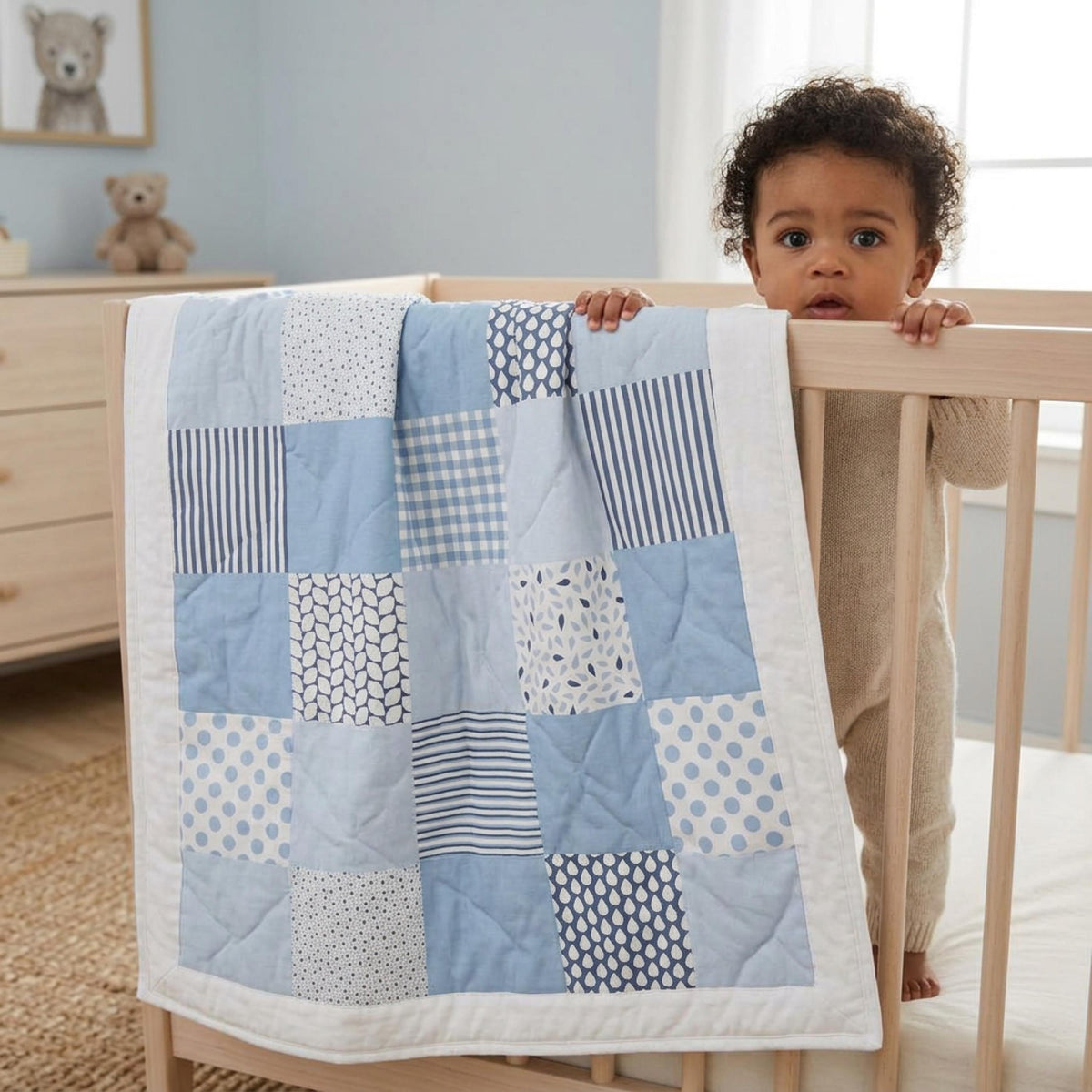 Baby holding a blue patchwork quilt made from no-piecing cheater fabric