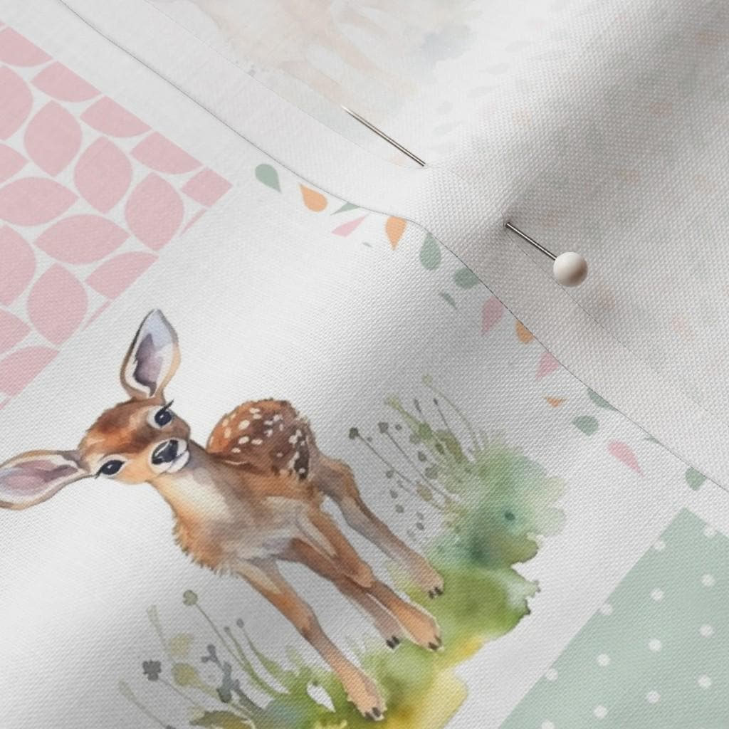 Close-up of the Meadow Fawn watercolor deer print on quilting cotton, showing fine detail and soft pastel color