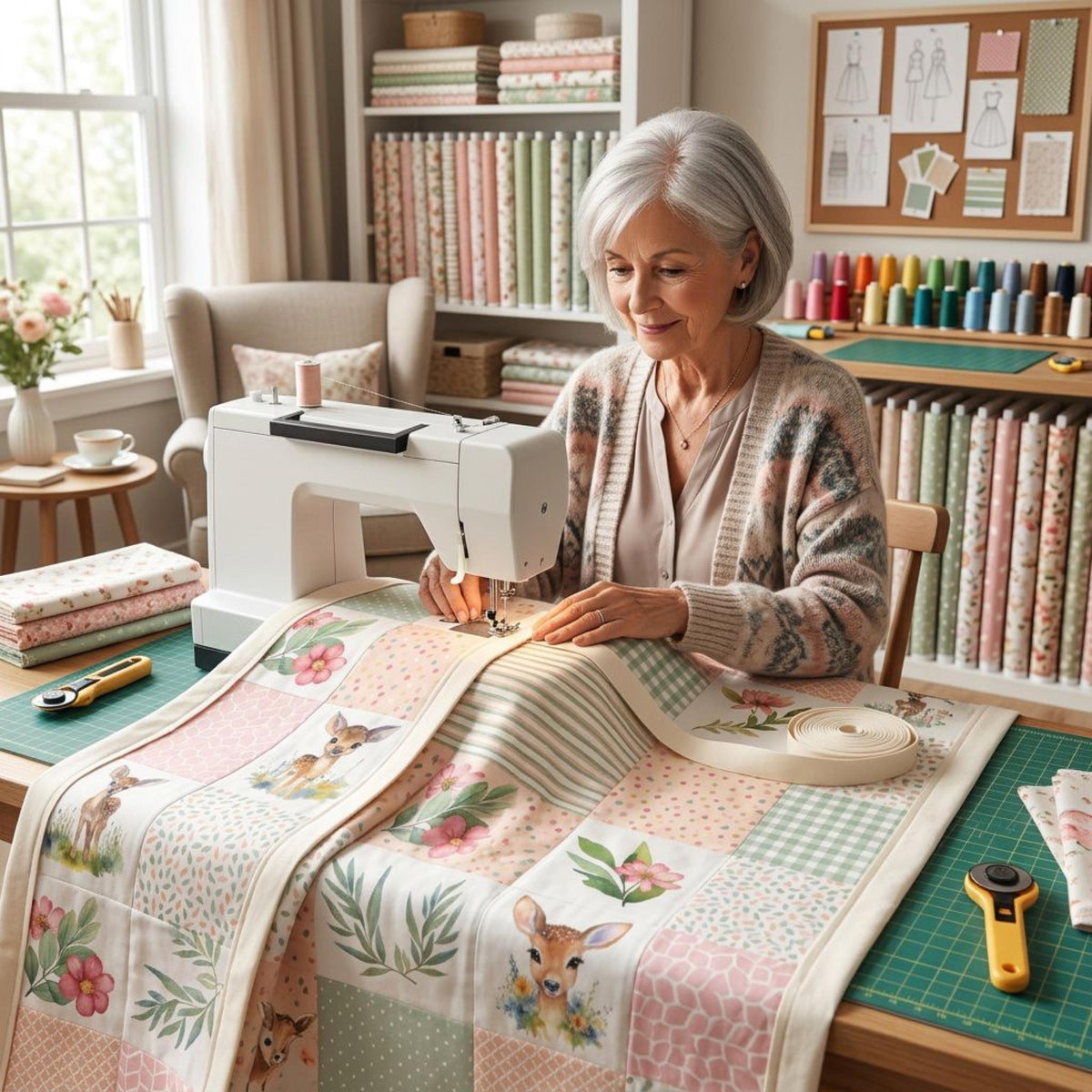 Quilter sewing a baby quilt from Meadow Fawn woodland deer cheater fabric