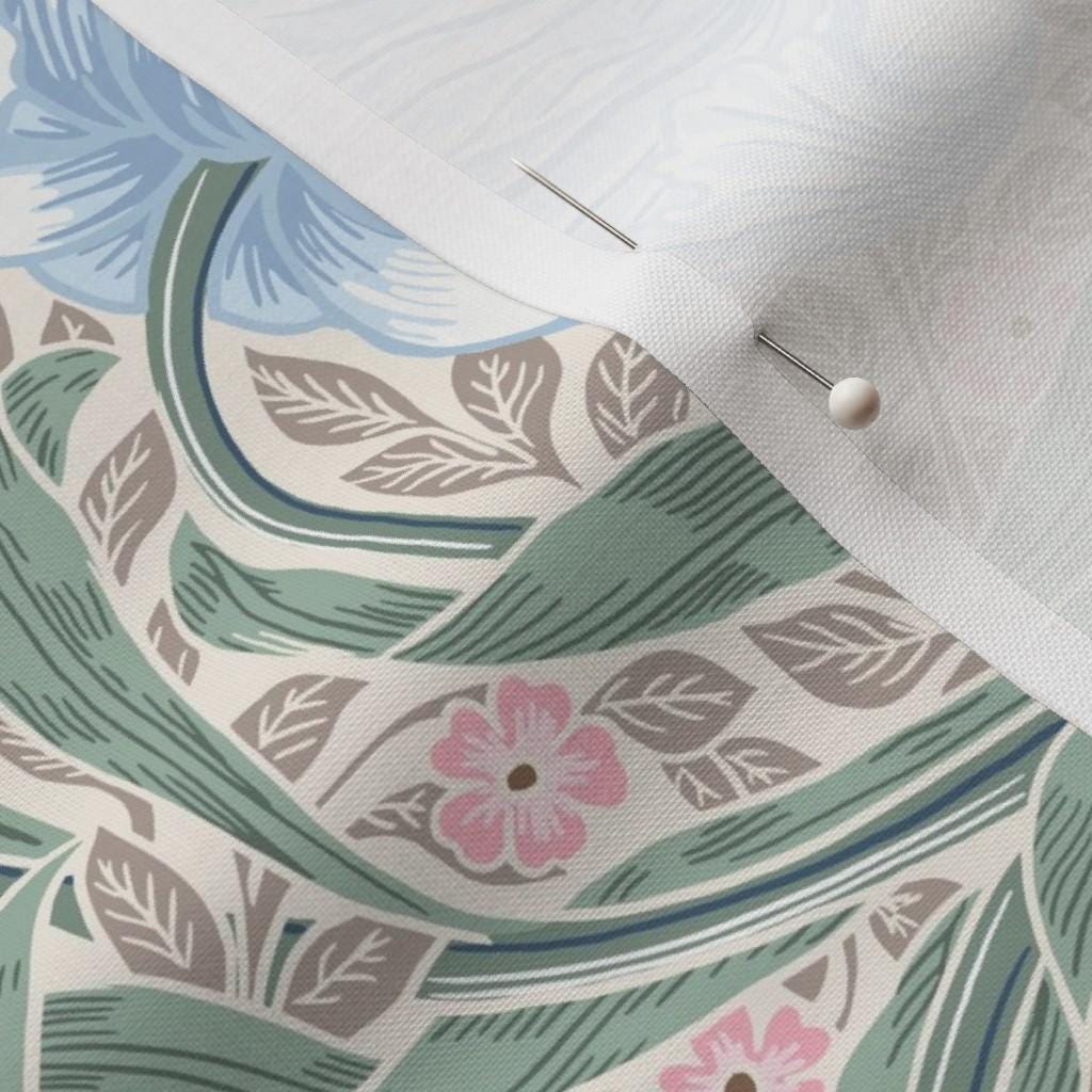 Blue, sage and beige William Morris Pimpernel floral quilting cotton, printed pattern view