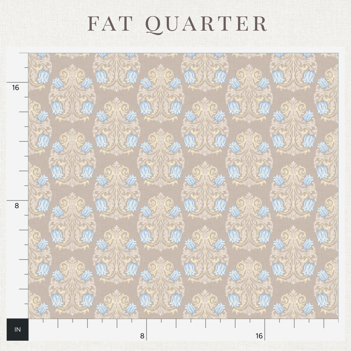 Printed taupe and blue botanical damask pattern on taupe & blue damask fabric