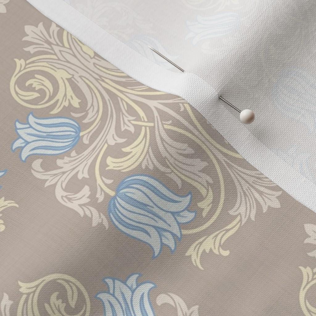 Taupe & Blue damask fabric showing the taupe and blue botanical damask print on cotton quilting fabric