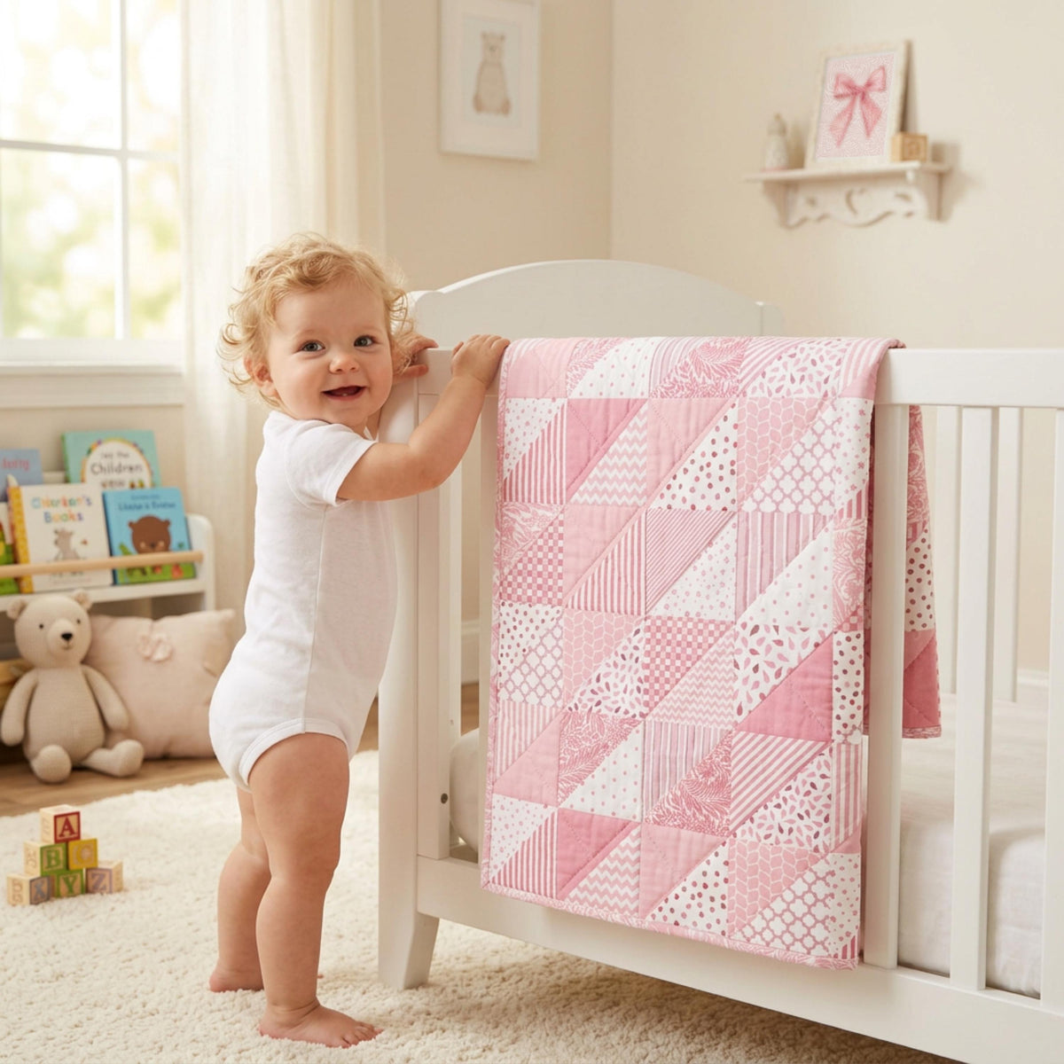 Pink printed patchwork baby quilt displayed on a crib in a girl's nursery