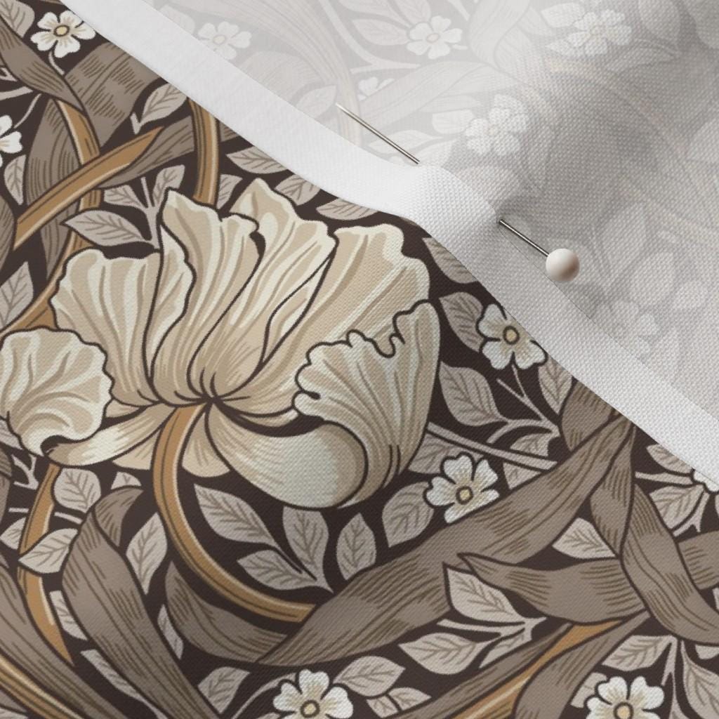 Warm neutral taupe William Morris Pimpernel floral quilting cotton, printed pattern view