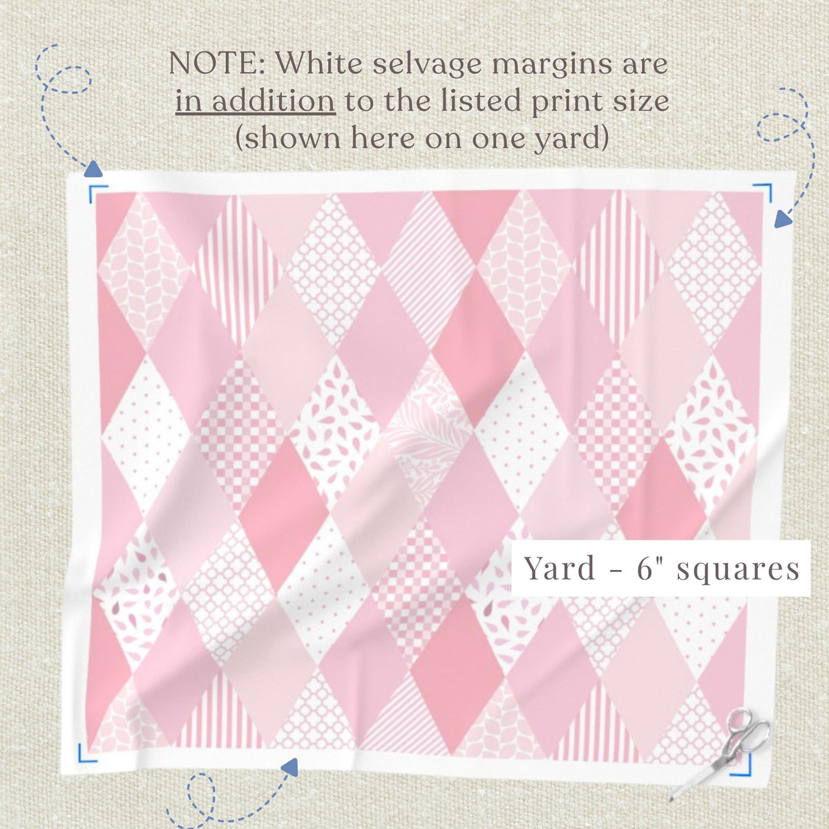 Yardage layout of pink diamond cheater fabric with large printed blocks