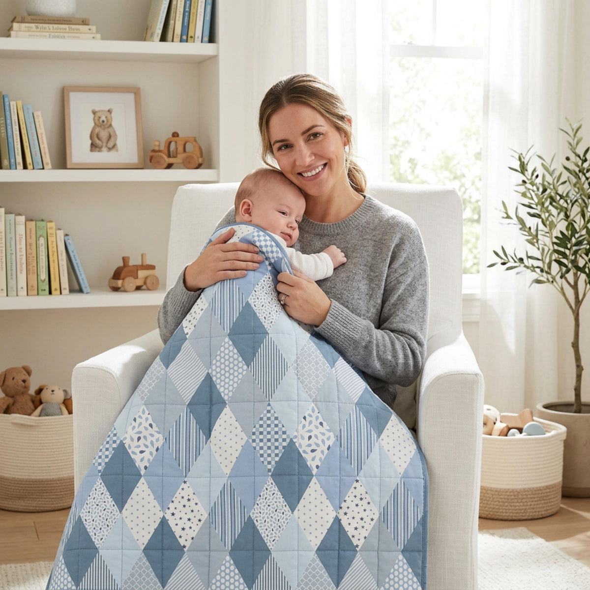 Handmade blue diamond baby quilt shown with mother and child