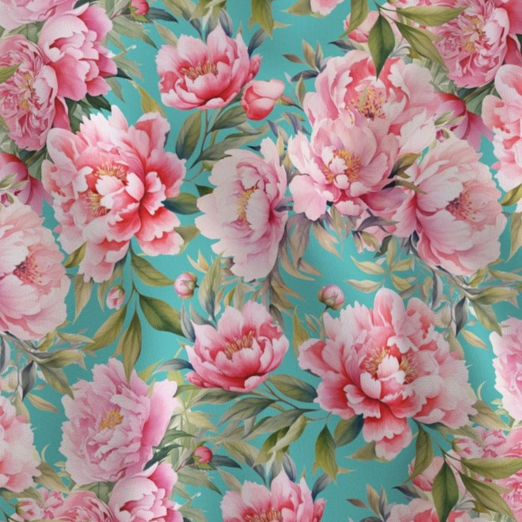 Pink watercolor peonies on aqua quilting cotton fabric by the yard