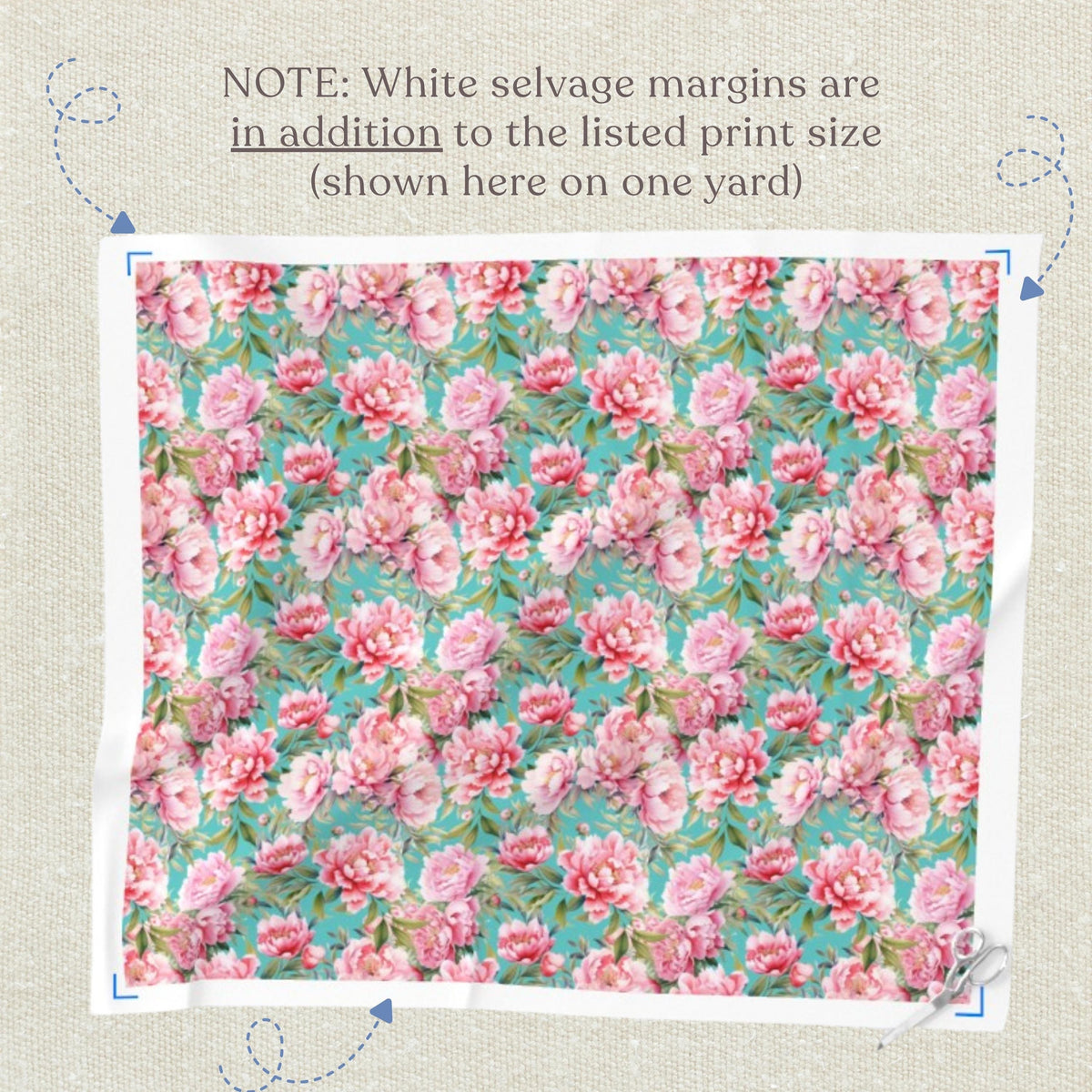 Pink watercolor peonies on aqua quilting fabric print