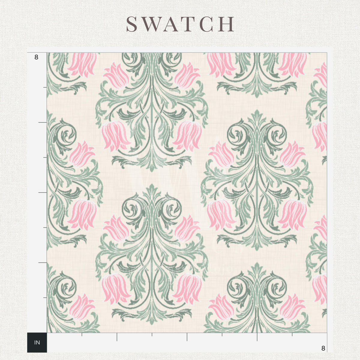 Blush and sage botanical damask print detail on blush & sage damask fabric